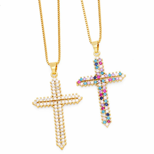 Hip-hop Punk Cross Stainless Steel Copper Plating Inlay Zircon 18k Gold Plated Pendant Necklace