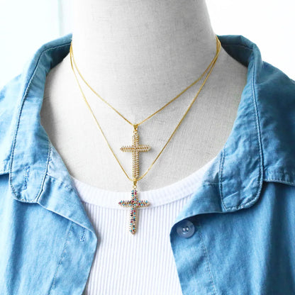 Hip-hop Punk Cross Stainless Steel Copper Plating Inlay Zircon 18k Gold Plated Pendant Necklace