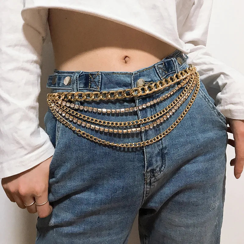 Hip-Hop Punk Geometric Metal Plating Inlay Rhinestones Women'S Chain Belts