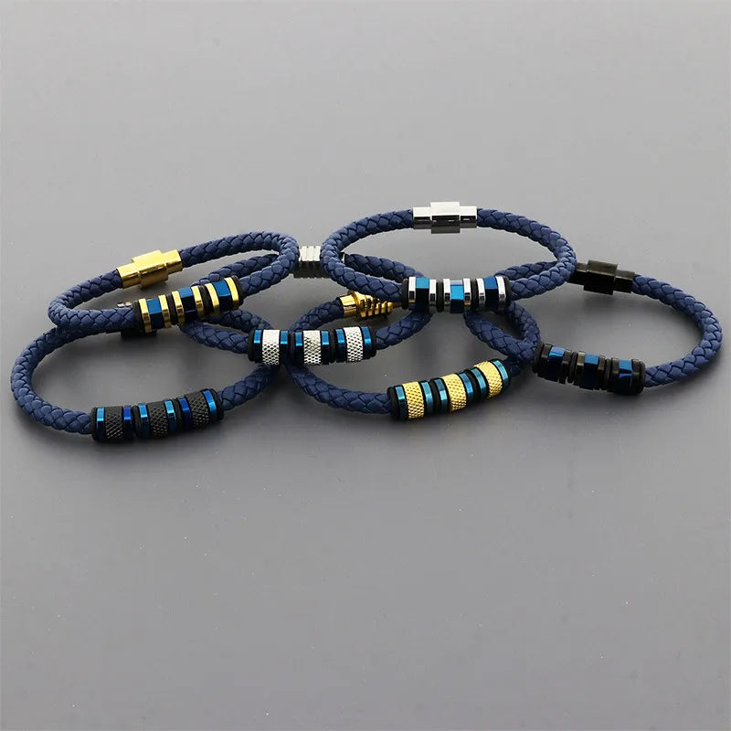 Hip-Hop Punk Geometric Pu Leather Titanium Steel Knitting Plating Men'S Wristband