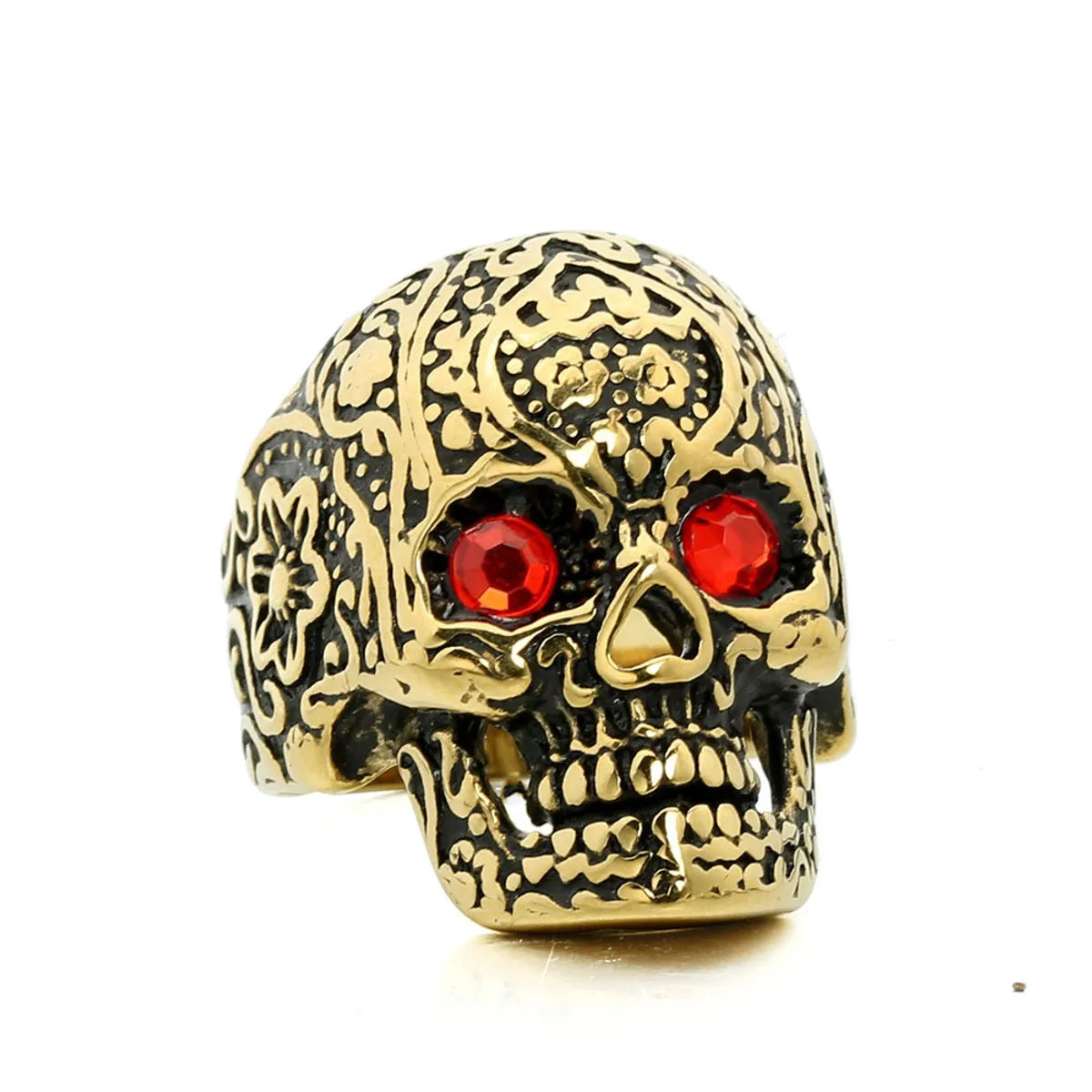 Hip-Hop Punk Streetwear Skull Stainless Steel Polishing Rhinestones None Men'S Rings