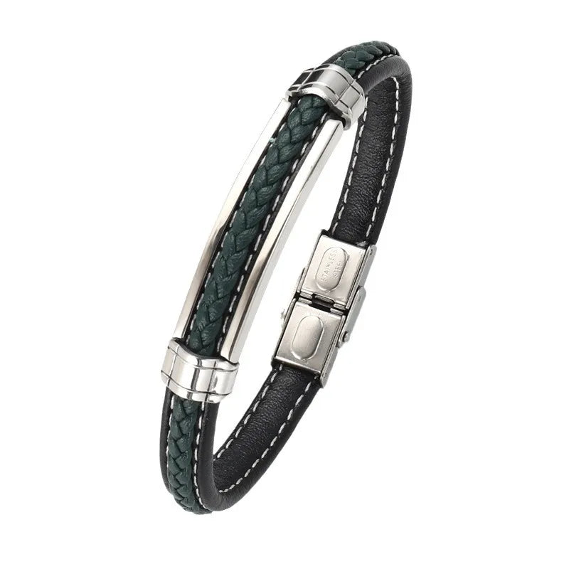 Hip-Hop Retro Color Block 304 Stainless Steel Pu Leather Polishing Men'S Bangle