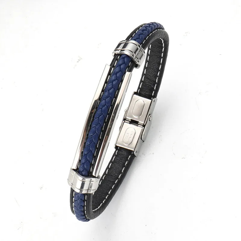 Hip-Hop Retro Color Block 304 Stainless Steel Pu Leather Polishing Men'S Bangle