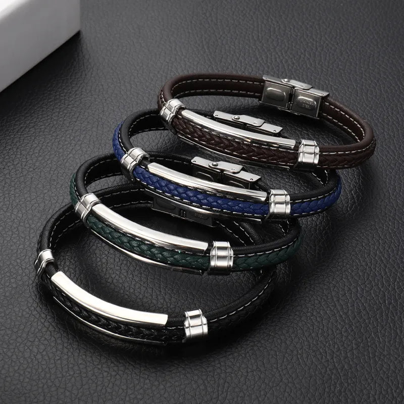 Hip-Hop Retro Color Block 304 Stainless Steel Pu Leather Polishing Men'S Bangle