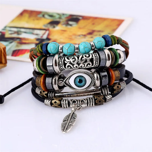 Hip-Hop Retro Color Block Pu Leather Alloy Knitting Men'S Bangle