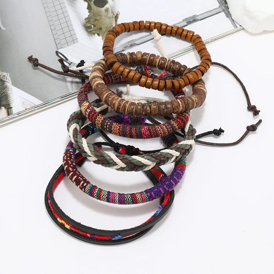 Hip-Hop Retro Color Block Pu Leather Cloth Wood Beaded Men'S Bangle