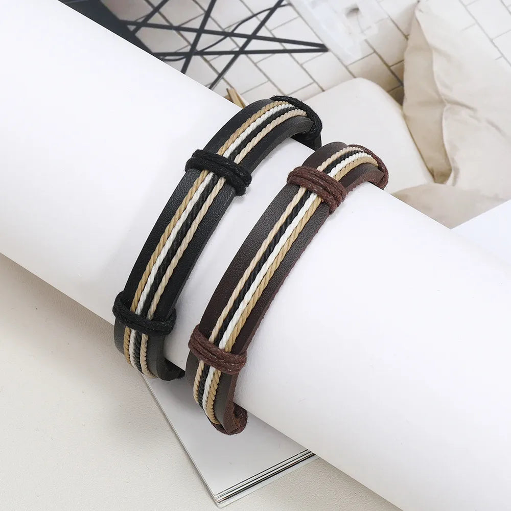 Hip-Hop Retro Color Block Pu Leather Knitting Stripe Men'S Bracelets