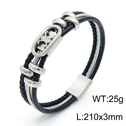 Hip-Hop Retro Color Block Pu Leather Titanium Steel Braid Men'S Bangle