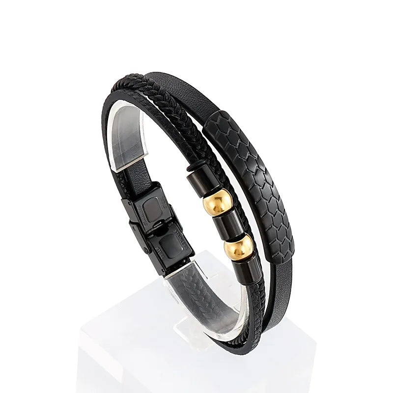 Hip-Hop Retro Color Block Pu Leather Titanium Steel Braid Men'S Bangle