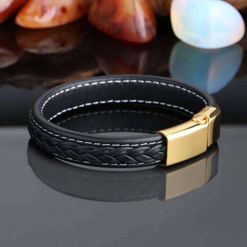 Hip-Hop Retro Color Block Pu Leather Titanium Steel Braid 18K Gold Plated Men'S Bangle