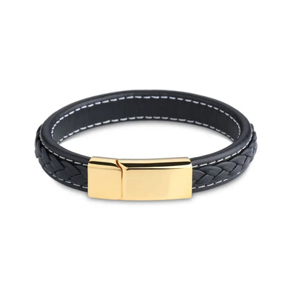 Hip-Hop Retro Color Block Pu Leather Titanium Steel Braid 18K Gold Plated Men'S Bangle