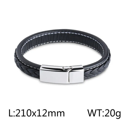 Hip-Hop Retro Color Block Pu Leather Titanium Steel Braid 18K Gold Plated Men'S Bangle