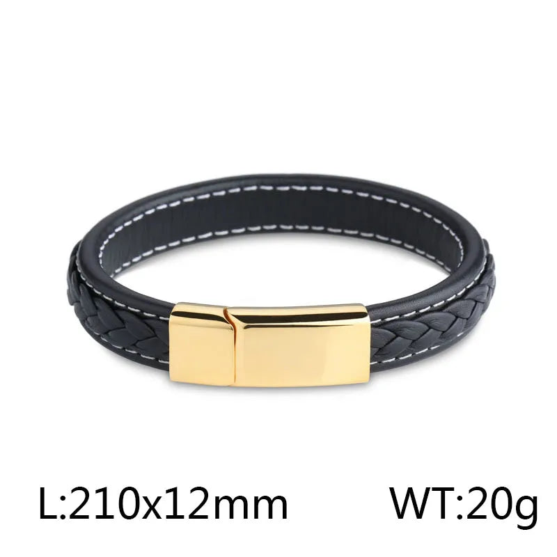 Hip-Hop Retro Color Block Pu Leather Titanium Steel Braid 18K Gold Plated Men'S Bangle