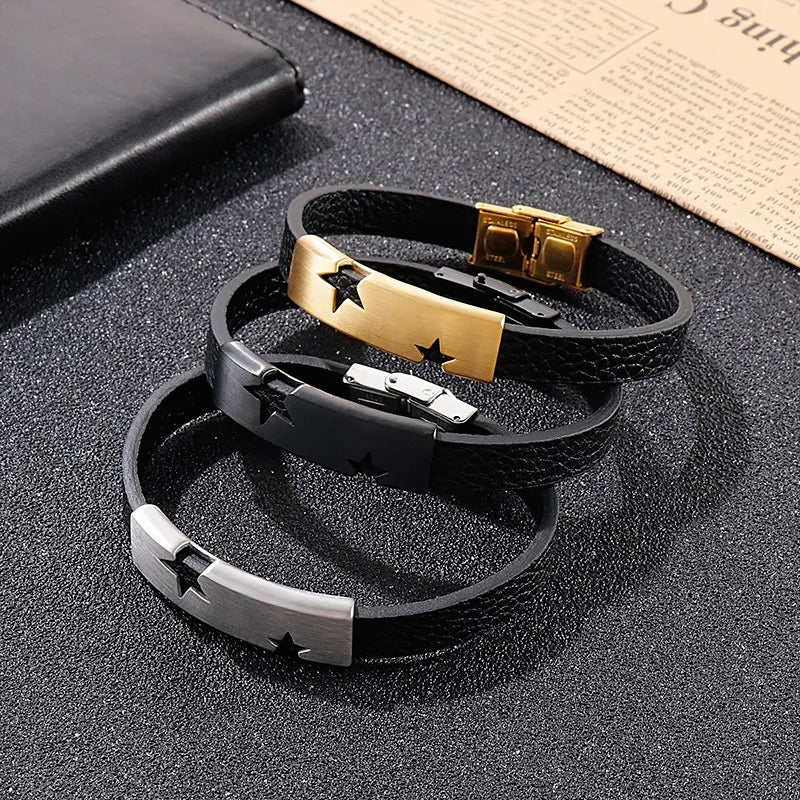 Hip-Hop Retro Color Block Pu Leather Titanium Steel Plating 18K Gold Plated Men'S Bangle