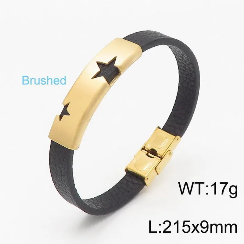 Hip-Hop Retro Color Block Pu Leather Titanium Steel Plating 18K Gold Plated Men'S Bangle