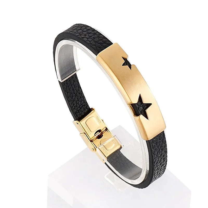 Hip-Hop Retro Color Block Pu Leather Titanium Steel Plating 18K Gold Plated Men'S Bangle