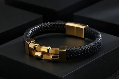 Hip-Hop Retro Color Block Pu Leather Titanium Steel Plating 18K Gold Plated Men'S Bangle