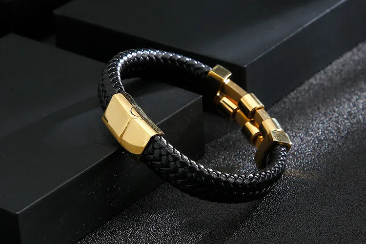 Hip-Hop Retro Color Block Pu Leather Titanium Steel Plating 18K Gold Plated Men'S Bangle