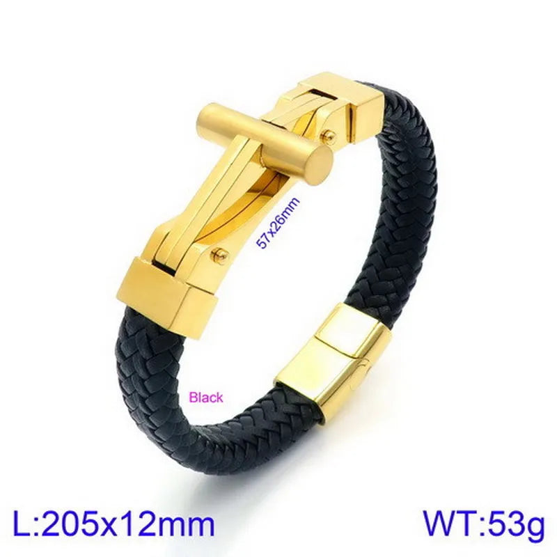 Hip-Hop Retro Color Block Pu Leather Titanium Steel Plating 18K Gold Plated Men'S Bracelets