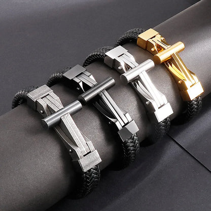 Hip-Hop Retro Color Block Pu Leather Titanium Steel Plating 18K Gold Plated Men'S Bracelets