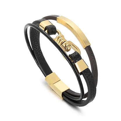 Hip-Hop Retro Color Block Pu Leather Titanium Steel Plating 18K Gold Plated Men'S Wristband