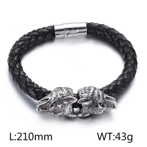 Hip-Hop Retro Color Block Stainless Steel Pu Leather Braid Men'S Bangle