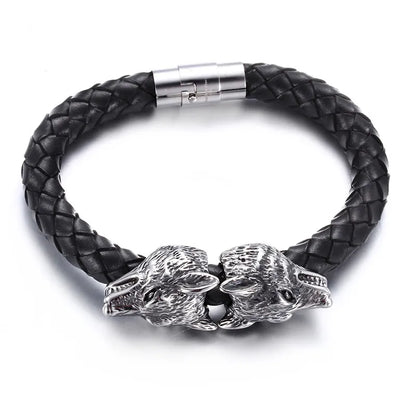 Hip-Hop Retro Color Block Stainless Steel Pu Leather Braid Men'S Bangle