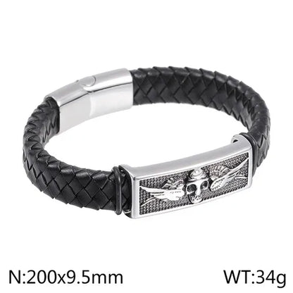 Hip-Hop Retro Color Block Stainless Steel Pu Leather Braid Men'S Bangle