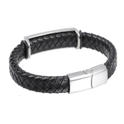 Hip-Hop Retro Color Block Stainless Steel Pu Leather Braid Men'S Bangle