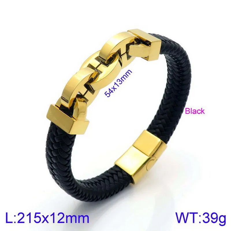 Hip-Hop Retro Color Block Stainless Steel Pu Leather Plating 18K Gold Plated Men'S Bangle