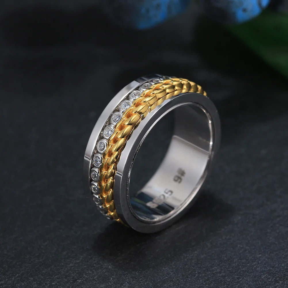 Hip-Hop Retro Cool Style Geometric Sterling Silver Inlay Zircon 18K Gold Plated White Gold Plated Men'S Anxiety Ring