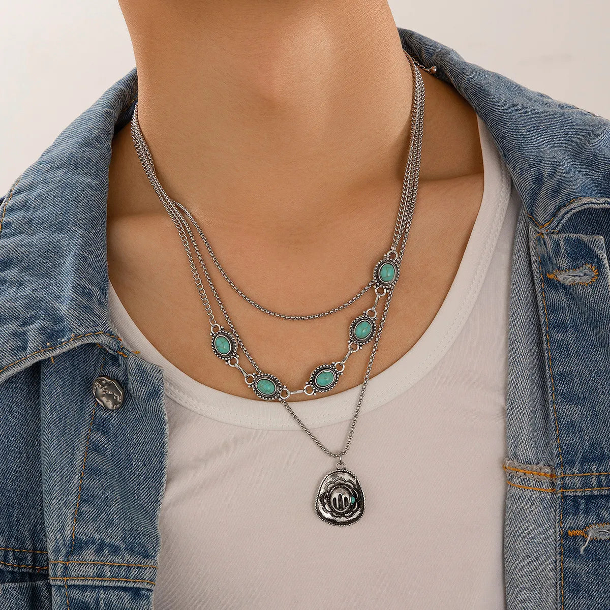 Hip-Hop Retro Cowboy Style U Shape Geometric Alloy Plating Inlay Turquoise Men'S Three Layer Necklace