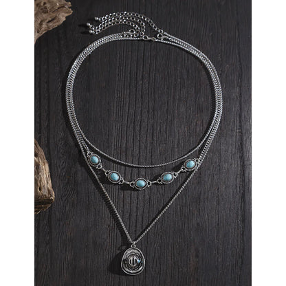 Hip-Hop Retro Cowboy Style U Shape Geometric Alloy Plating Inlay Turquoise Men'S Three Layer Necklace