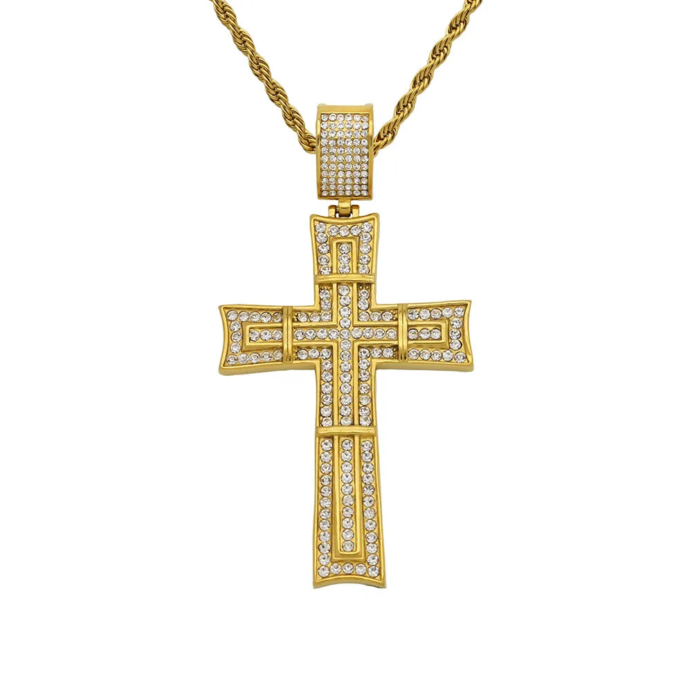 Hip-Hop Retro Cross 316 Stainless Steel  Inlay Rhinestones Unisex Pendant Necklace