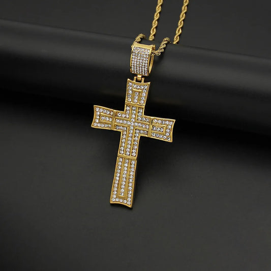 Hip-Hop Retro Cross 316 Stainless Steel  Inlay Rhinestones Unisex Pendant Necklace