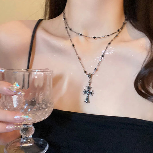 Hip-Hop Retro Cross Alloy Inlay Zircon Women'S Double Layer Necklaces