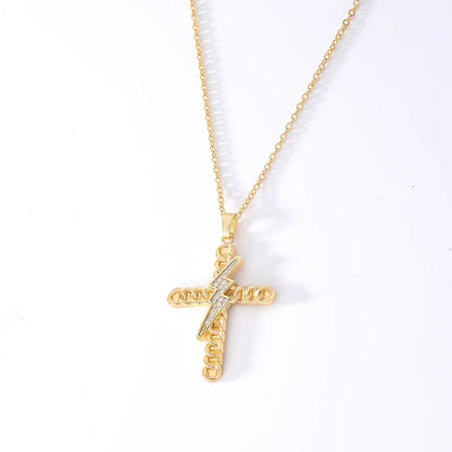 Wholesale Hip-Hop Retro Cross 304 Stainless Steel Copper Plating Inlay K Gold Plated Zircon Pendant Necklace