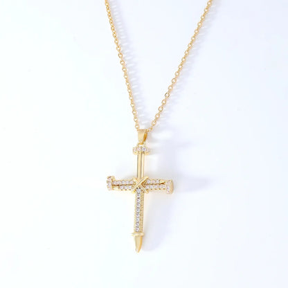 Wholesale Hip-Hop Retro Cross 304 Stainless Steel Copper Plating Inlay K Gold Plated Zircon Pendant Necklace