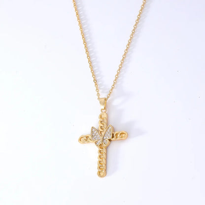 Wholesale Hip-Hop Retro Cross 304 Stainless Steel Copper Plating Inlay K Gold Plated Zircon Pendant Necklace