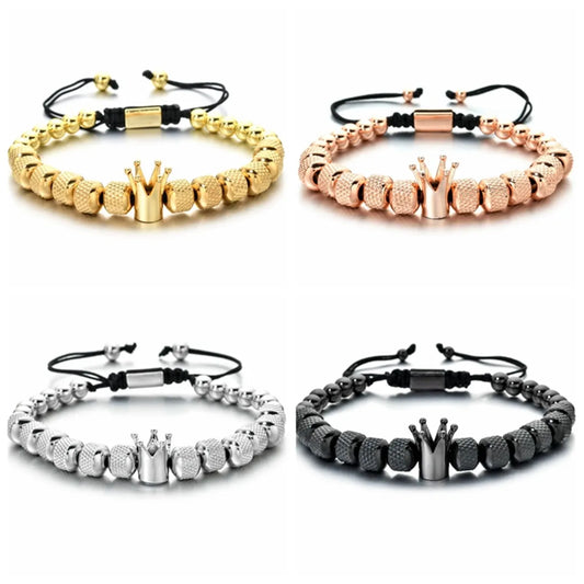 Hip-Hop Retro Crown Stainless Steel Copper Beaded Plating Braid Bracelets