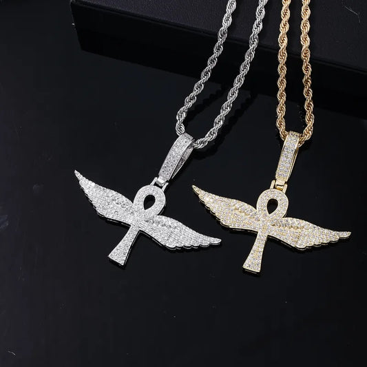 Hip-Hop Retro Geometric Cross Wings Stainless Steel Copper Plating Chain Inlay Zircon Pendant Necklace