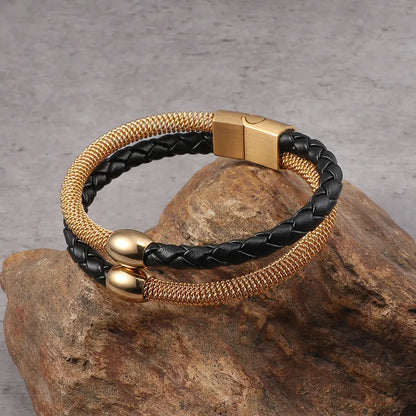 Hip-Hop Retro Geometric Pu Leather Titanium Steel Plating 18K Gold Plated Men'S Bracelets