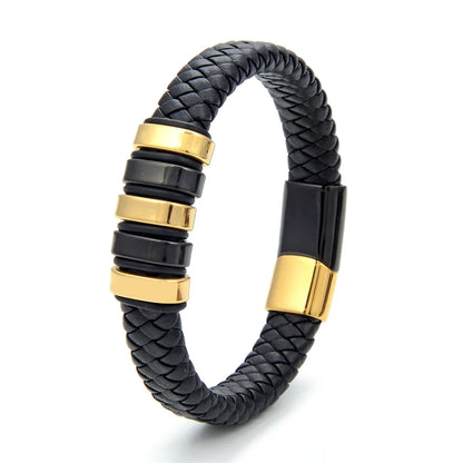 Hip-Hop Retro Geometric Pu Leather Titanium Steel Plating Magnetic Men'S Bracelets