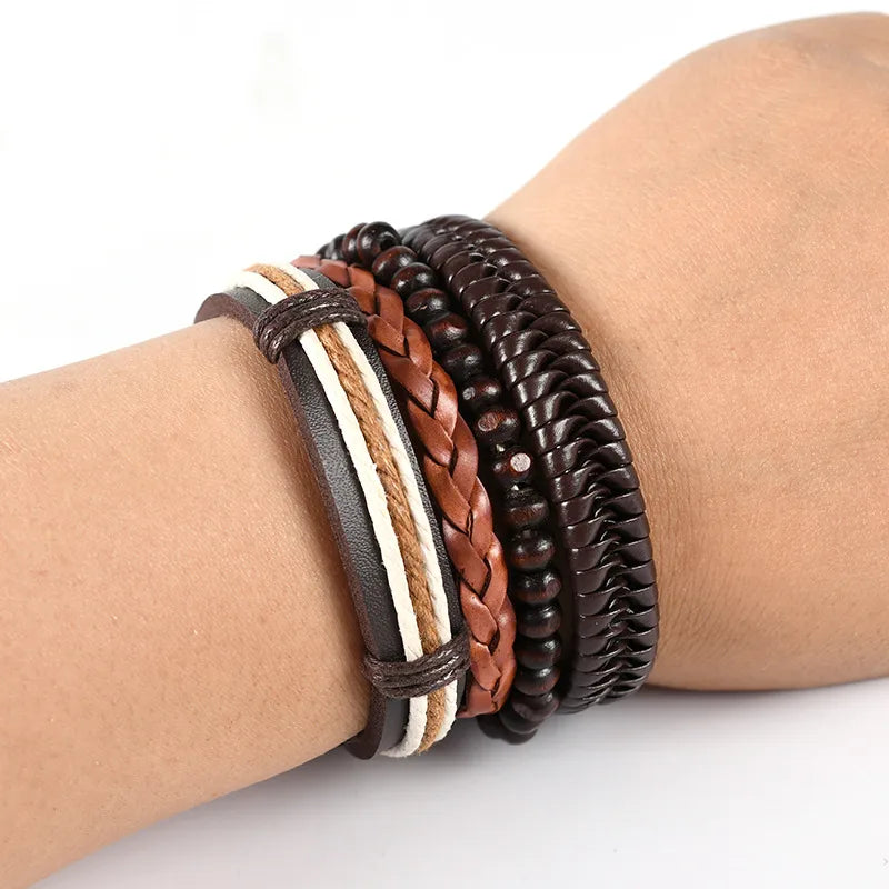 Hip-Hop Retro Geometric Round Pu Leather Wooden Beads Rope Braid Men'S Bracelets Drawstring Bracelets