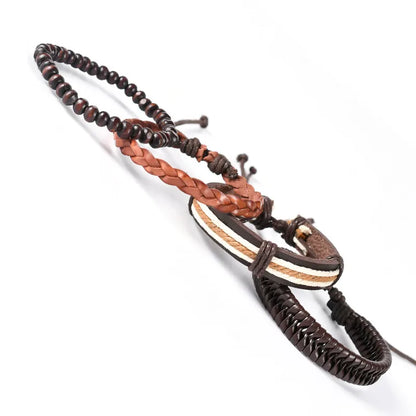 Hip-Hop Retro Geometric Round Pu Leather Wooden Beads Rope Braid Men'S Bracelets Drawstring Bracelets