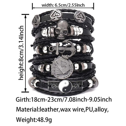 Hip-Hop Retro Geometric Skull Pu Leather Alloy Wax Line Braid Men'S Bracelets Drawstring Bracelets