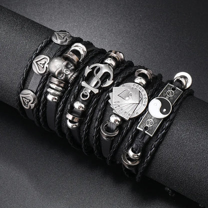 Hip-Hop Retro Geometric Skull Pu Leather Alloy Wax Line Braid Men'S Bracelets Drawstring Bracelets