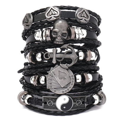 Hip-Hop Retro Geometric Skull Pu Leather Alloy Wax Line Braid Men'S Bracelets Drawstring Bracelets