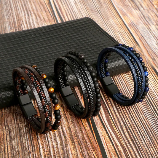 Hip-Hop Retro Round Pu Leather Natural Stone Knitting Men'S Bracelets