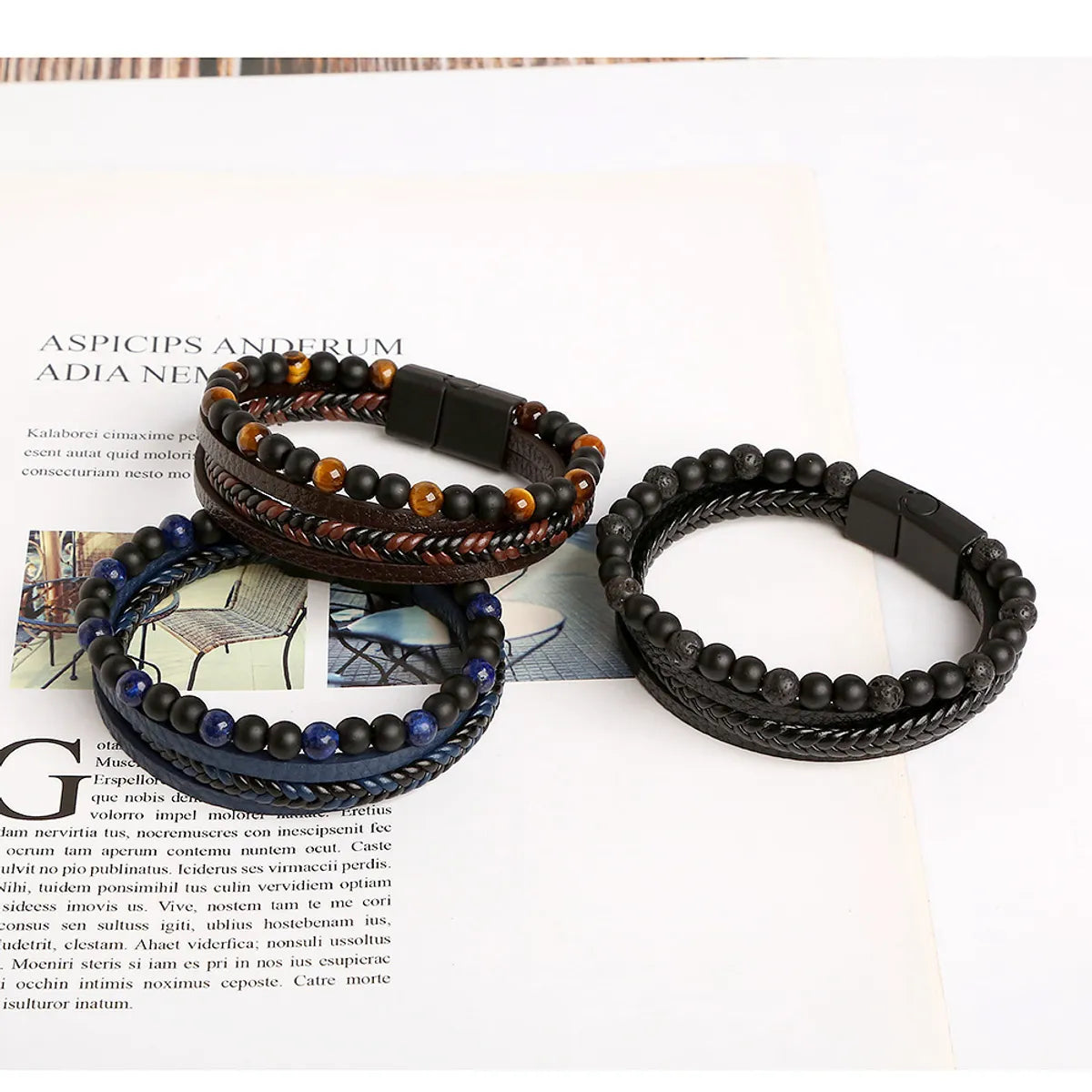 Hip-Hop Retro Round Pu Leather Natural Stone Knitting Men'S Bracelets